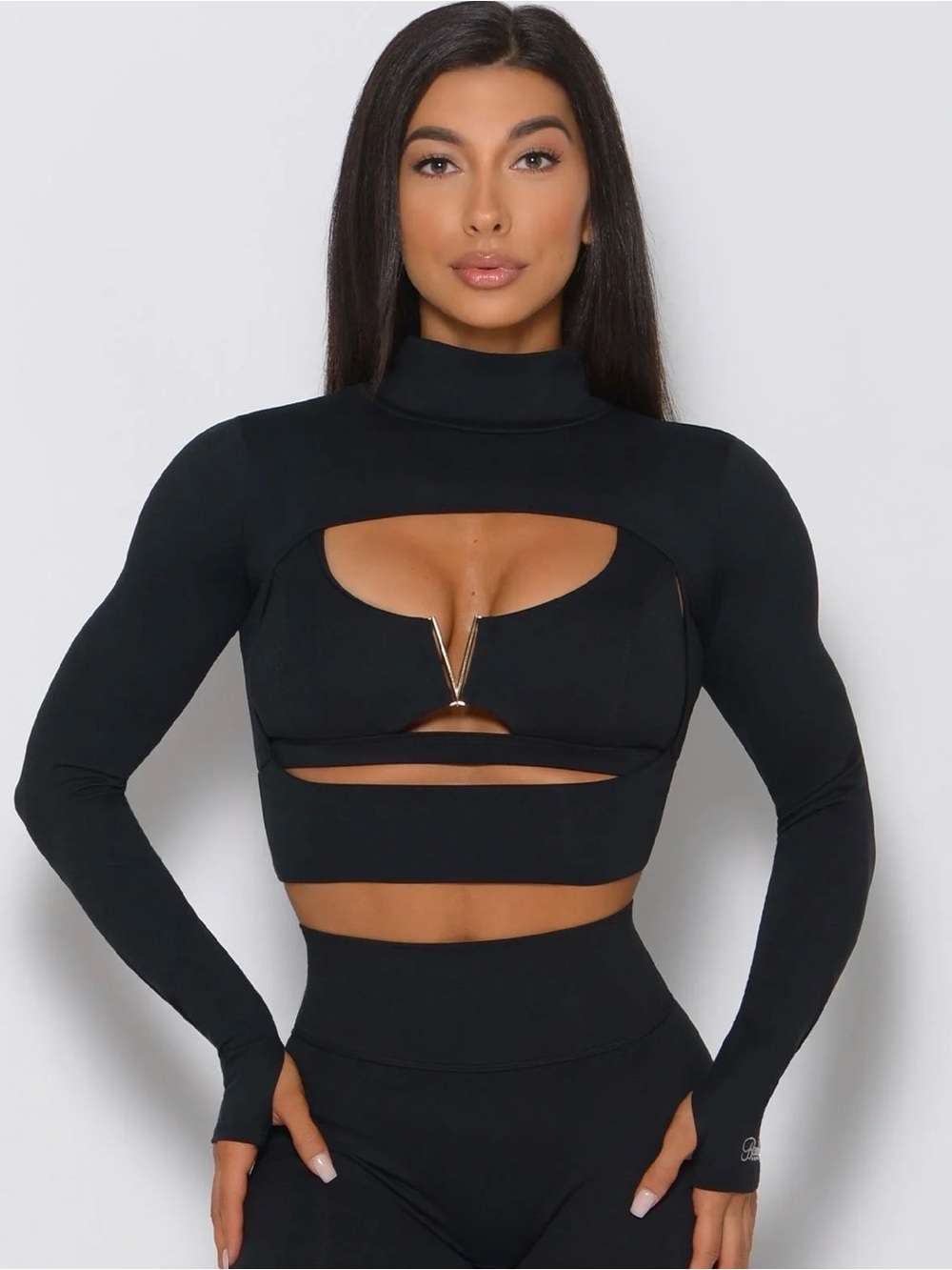 Bombshell Sportswear Black Long-Sleeve Cutout Crop Top